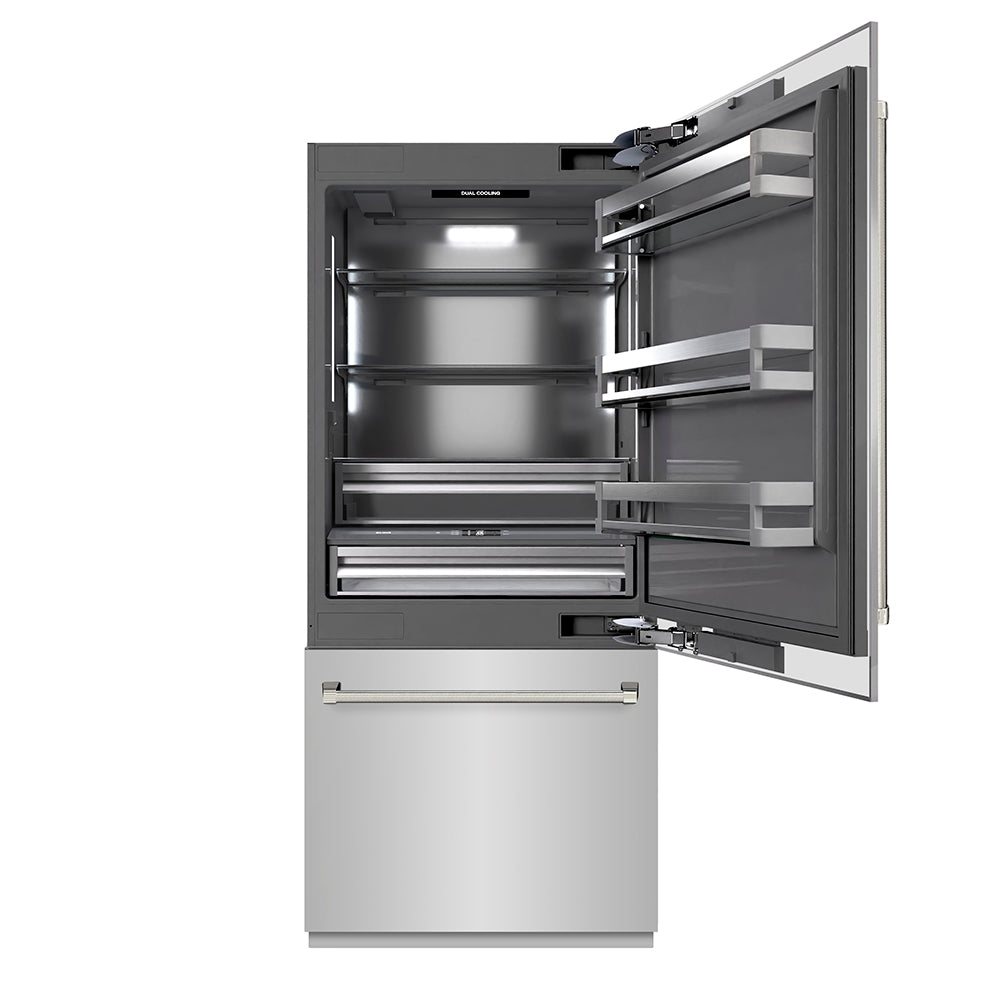 ZLINE Autograph Edition 36-inch refrigerator in stainless steel with graphite gray interior and polished nickel accents GRBITZ-30436KPN, front view