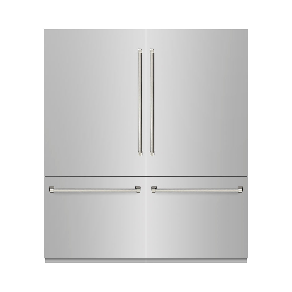 ZLINE Autograph Edition 72-inch refrigerator in stainless steel with graphite gray interior and polished nickel accents GRBITZ-30472KPN, front view