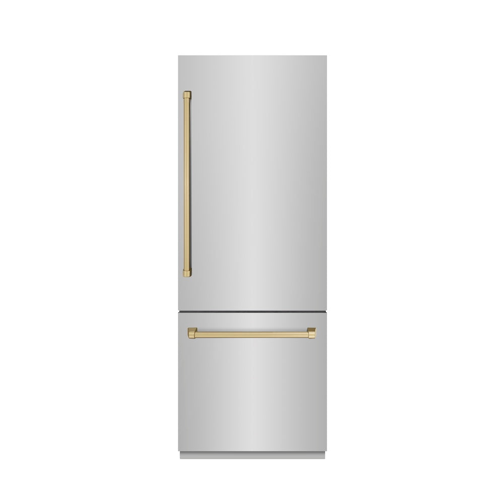ZLINE Autograph Edition 30-inch refrigerator in stainless steel with graphite gray interior and champagne bronze accents GRBIVZ-304-30CB, front view