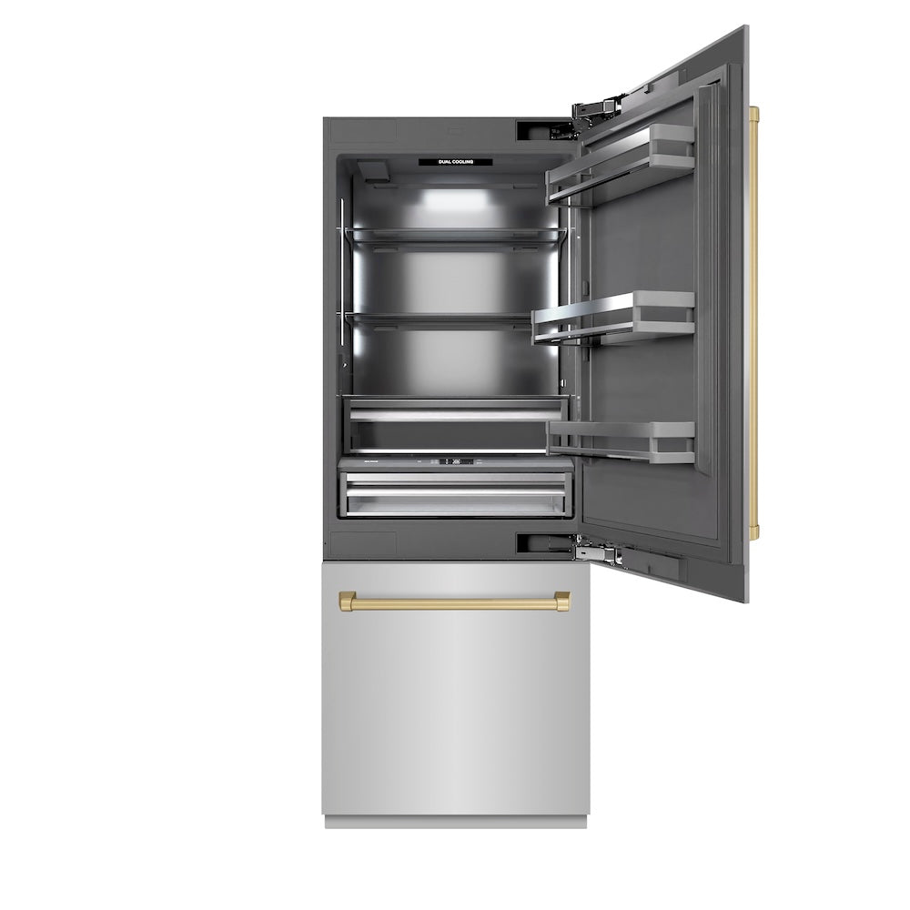 ZLINE Autograph Edition 30-inch refrigerator in stainless steel with graphite gray interior and champagne bronze accents GRBIVZ-304-30CB, front view