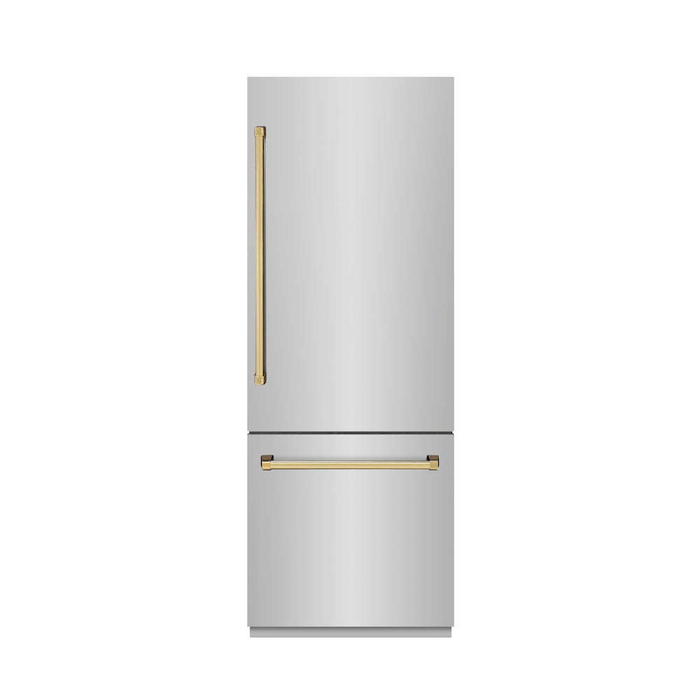 ZLINE Autograph Edition 30-inch refrigerator in stainless steel with graphite gray interior and polished gold accents GRBIVZ-304-30G, front view