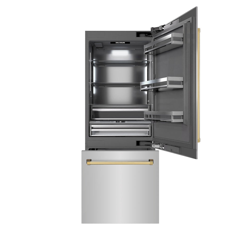 ZLINE Autograph Edition 30-inch refrigerator in stainless steel with graphite gray interior and polished gold accents GRBIVZ-304-30G