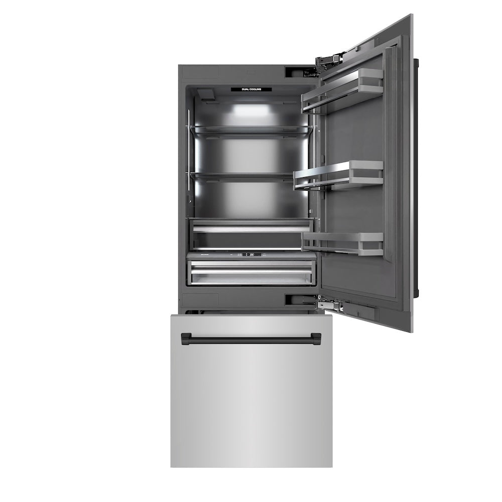 ZLINE Autograph Edition 30-inch refrigerator in stainless steel with graphite gray interior and matte black accents GRBIVZ-304-30MB