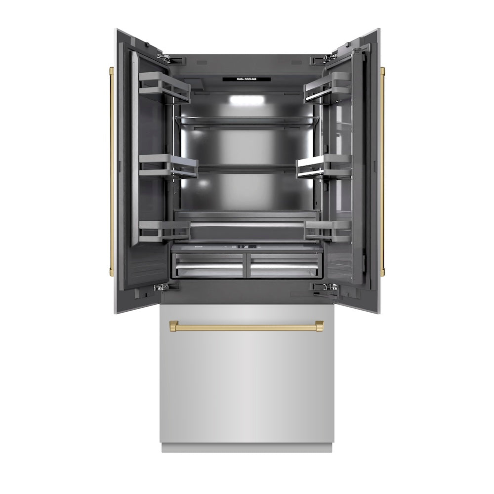 ZLINE Autograph Edition 36-inch refrigerator in stainless steel with graphite gray interior and champagne bronze accents GRBIVZ-304-36CB, front view