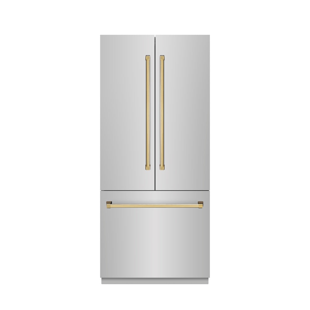 ZLINE Autograph Edition 36-inch refrigerator in stainless steel with graphite gray interior and polished gold accents GRBIVZ-304-36G, front view