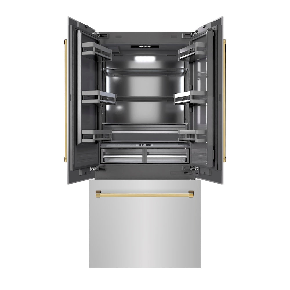 ZLINE Autograph Edition 36-inch refrigerator in stainless steel with graphite gray interior and polished gold accents GRBIVZ-304-36G, front view