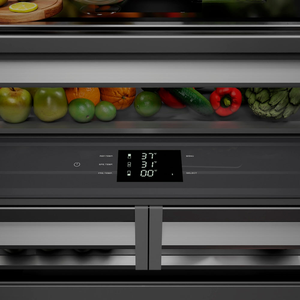 ZLINE Autograph Edition 36-inch refrigerator in stainless steel with graphite gray interior and polished gold accents GRBIVZ-304-36G, view 6