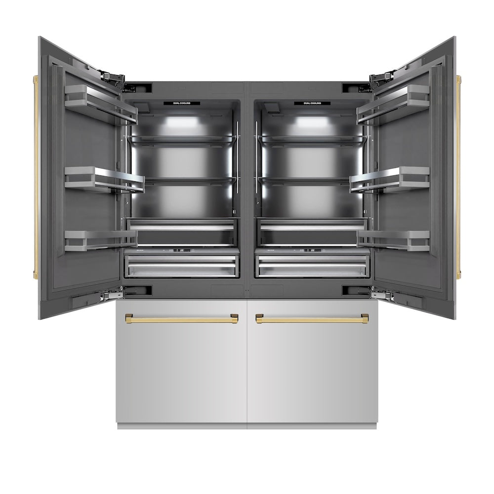ZLINE Autograph Edition 60-inch refrigerator in stainless steel with graphite gray interior and polished gold accents GRBIVZ-304-60G, front view