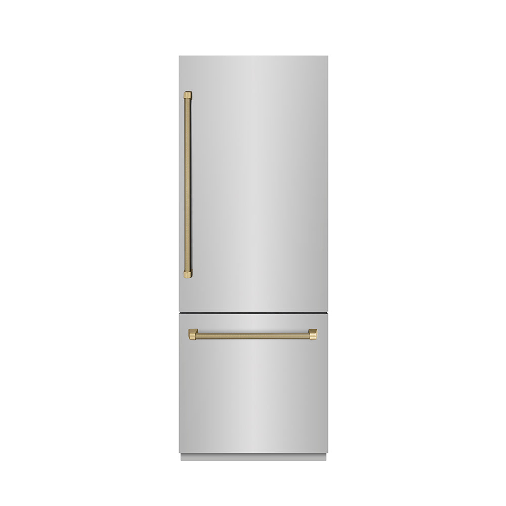 ZLINE Autograph Edition 30-inch refrigerator in stainless steel with graphite gray interior and champagne bronze accents GRBIVZ-30430KCB, front view