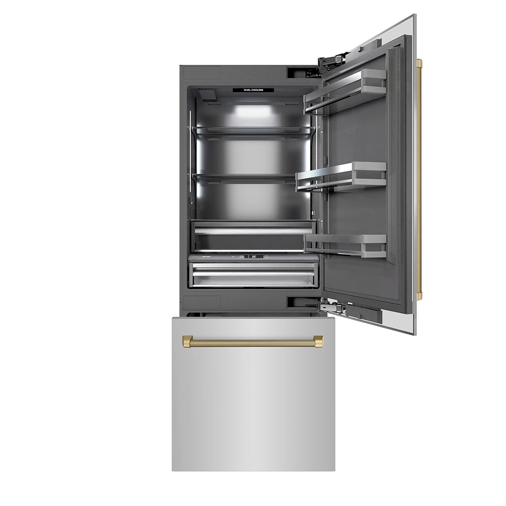 ZLINE Autograph Edition 30-inch refrigerator in stainless steel with graphite gray interior and champagne bronze accents GRBIVZ-30430KCB