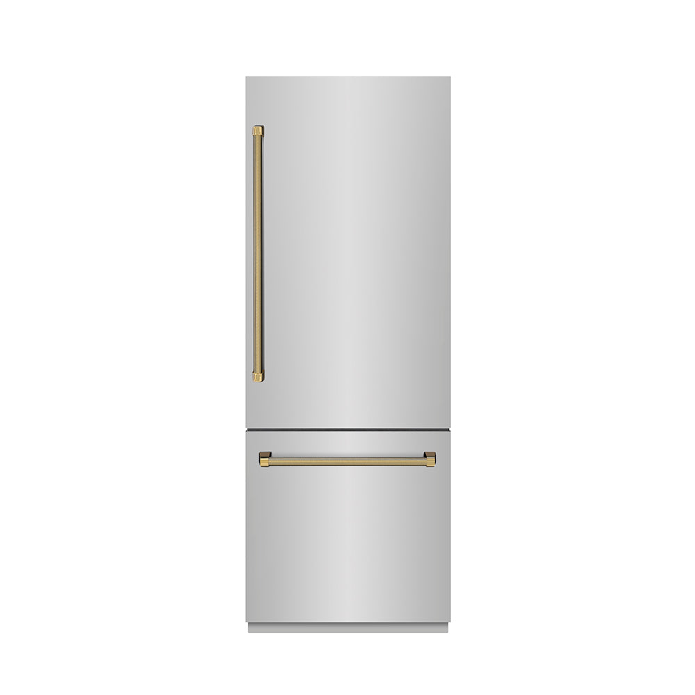 ZLINE Autograph Edition 30-inch refrigerator in stainless steel with graphite gray interior and polished gold accents GRBIVZ-30430KG, front view