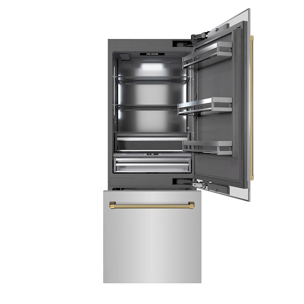 ZLINE Autograph Edition 30-inch refrigerator in stainless steel with graphite gray interior and polished gold accents GRBIVZ-30430KG