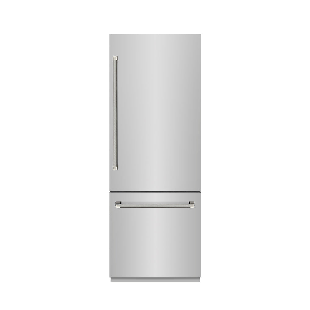 ZLINE Autograph Edition 30-inch refrigerator in stainless steel with graphite gray interior and polished nickel accents GRBIVZ-30430KPN, front view