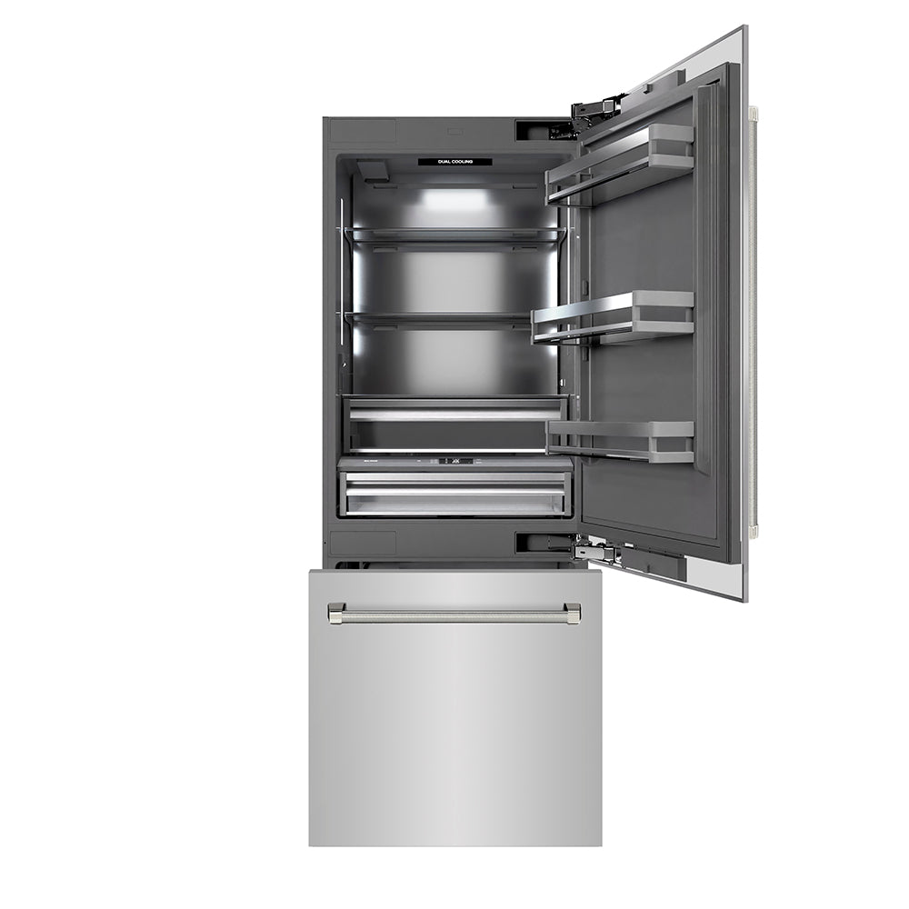 ZLINE Autograph Edition 30-inch refrigerator in stainless steel with graphite gray interior and polished nickel accents GRBIVZ-30430KPN, front view