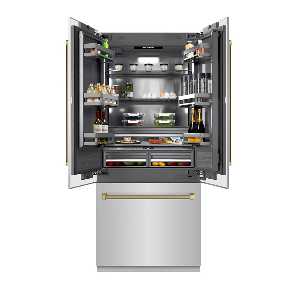 ZLINE Autograph Edition 36-inch refrigerator in stainless steel with graphite gray interior and champagne bronze accents GRBIVZ-30436KCB, front view