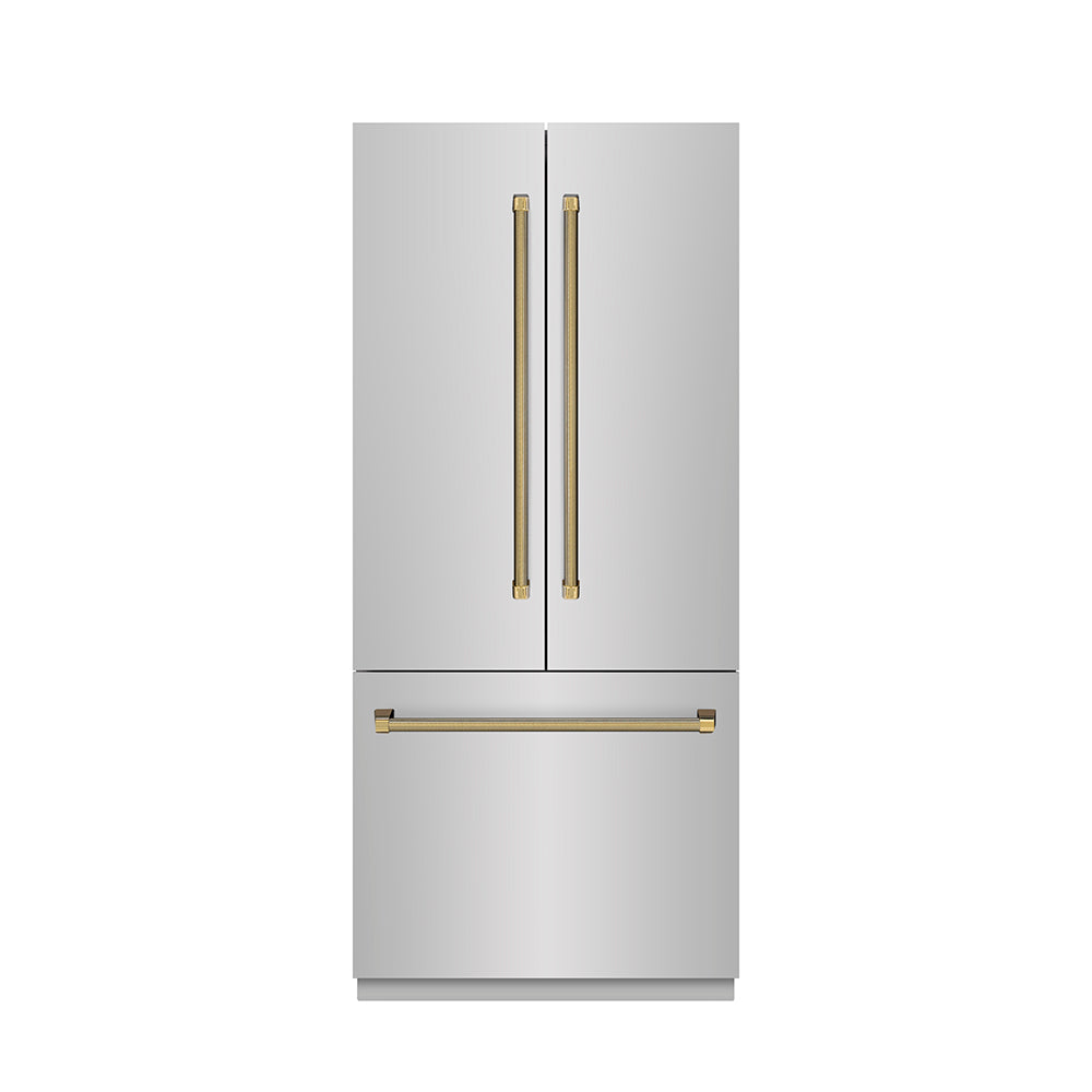 ZLINE Autograph Edition 36-inch refrigerator in stainless steel with graphite gray interior and polished gold accents GRBIVZ-30436KG, front view
