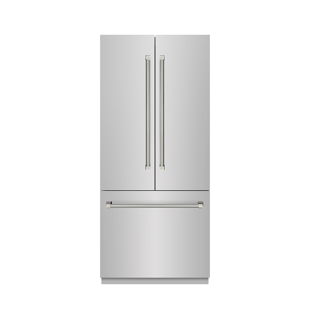 ZLINE Autograph Edition 36-inch refrigerator in stainless steel with graphite gray interior and polished nickel accents GRBIVZ-30436KPN, front view