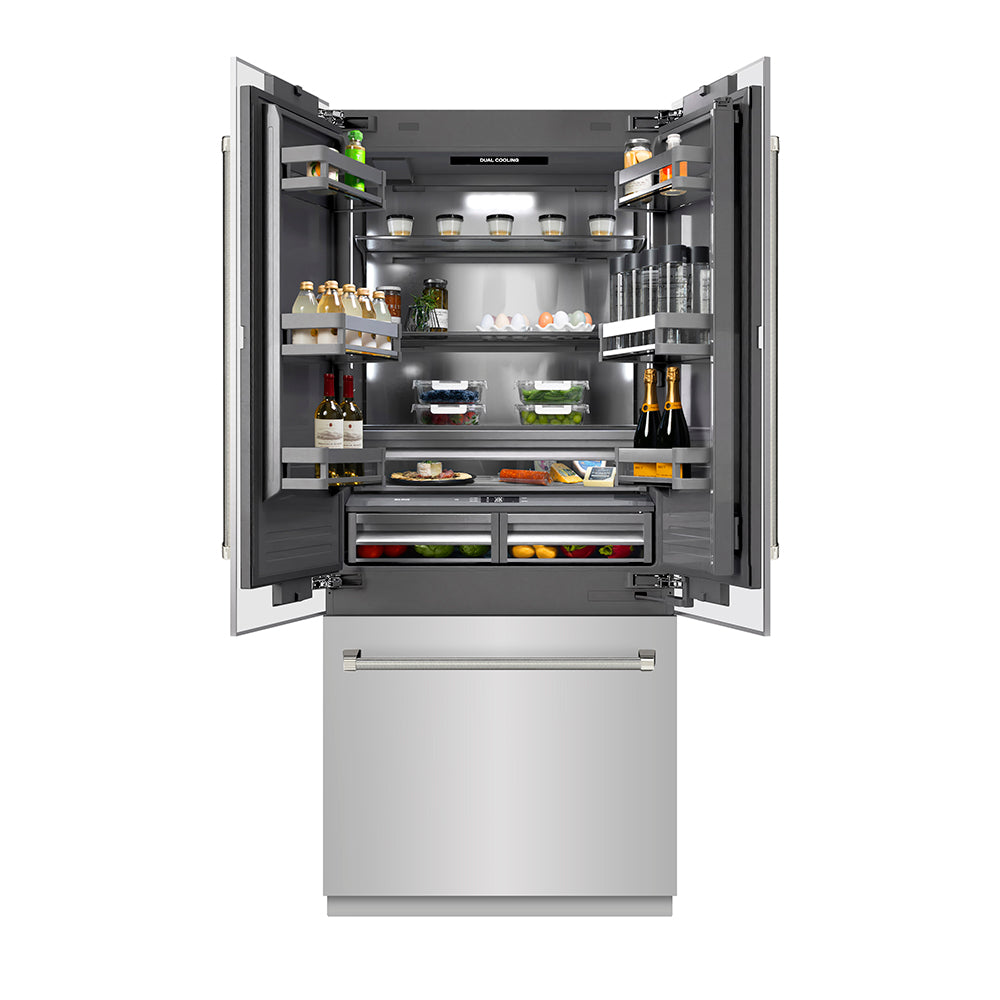 ZLINE Autograph Edition 36-inch refrigerator in stainless steel with graphite gray interior and polished nickel accents GRBIVZ-30436KPN, front view