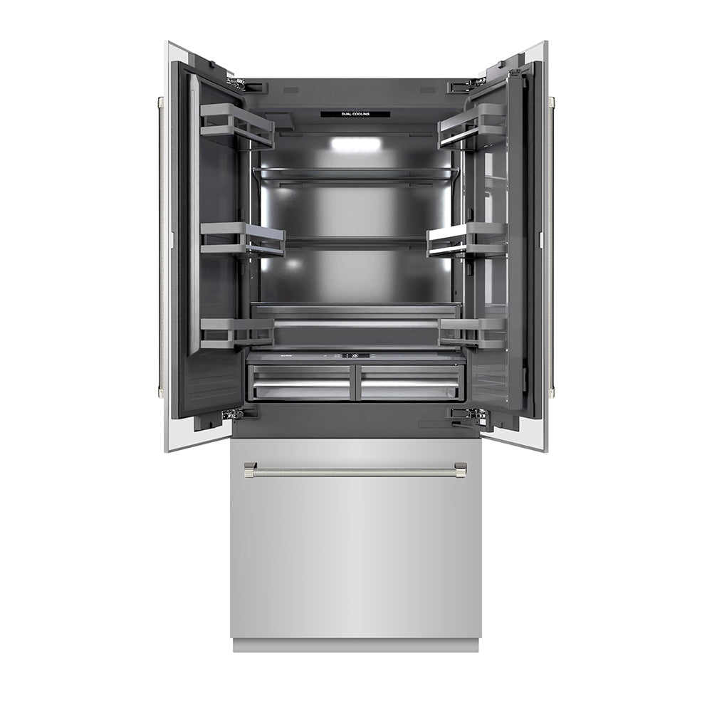 ZLINE Autograph Edition 36-inch refrigerator in stainless steel with graphite gray interior and polished nickel accents GRBIVZ-30436KPN, front view