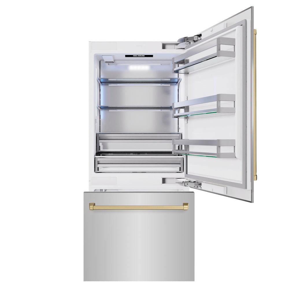 ZLINE Autograph Edition 36-inch refrigerator in stainless steel with bright white interior and champagne bronze accents RBITZ-304-36CB, front view