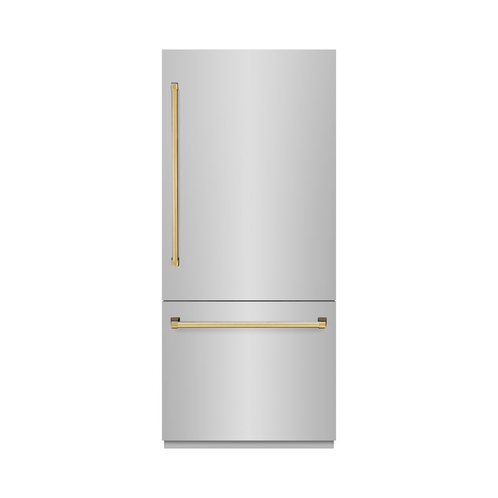 ZLINE Autograph Edition 36-inch refrigerator in stainless steel with bright white interior and polished gold accents RBITZ-304-36G