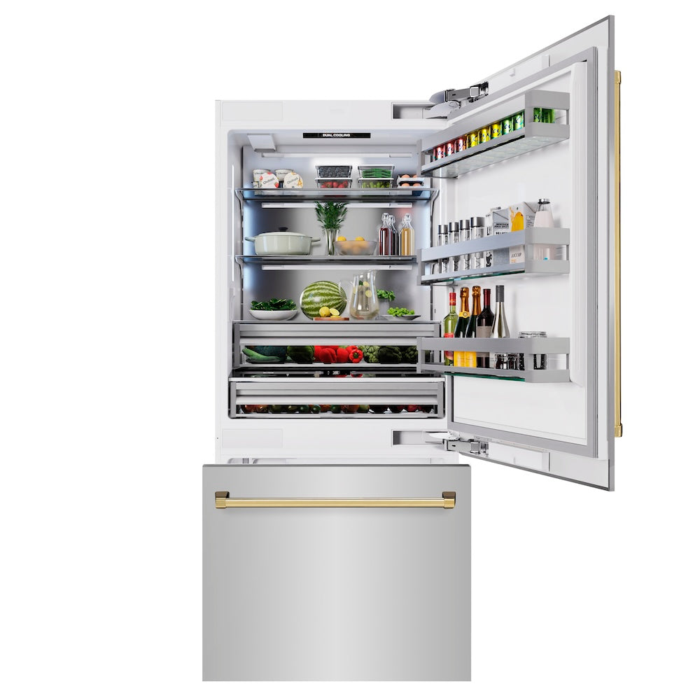 ZLINE Autograph Edition 36-inch refrigerator in stainless steel with bright white interior and polished gold accents RBITZ-304-36G, front view