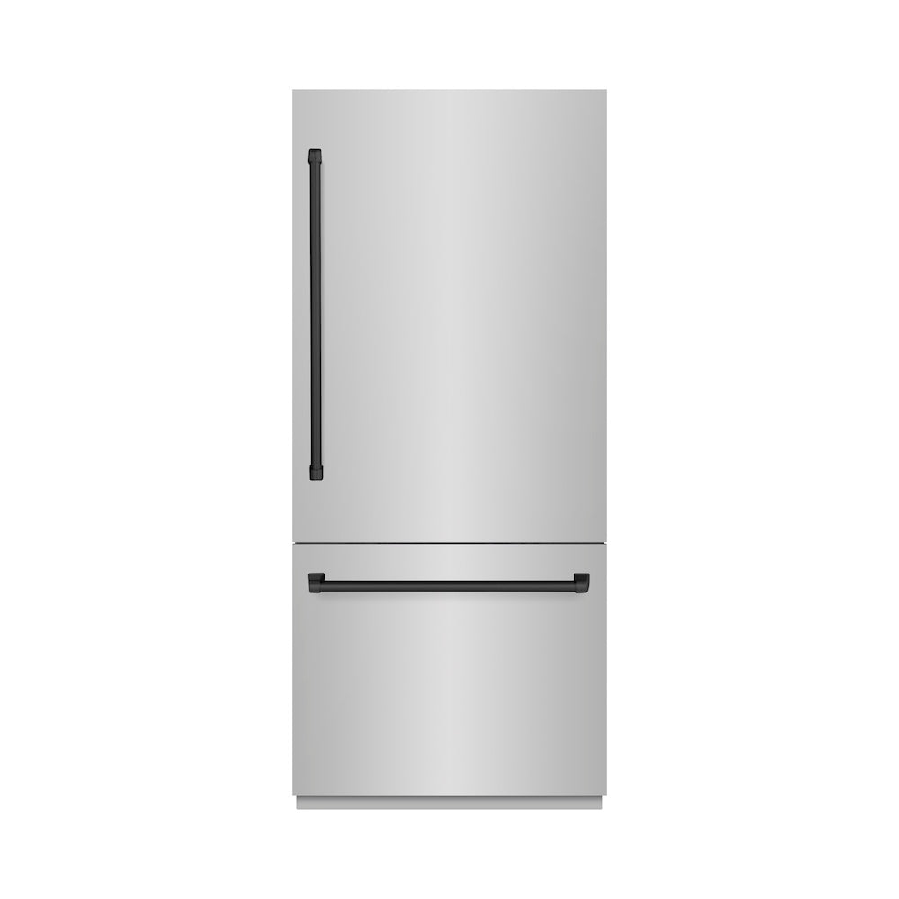 ZLINE Autograph Edition 36-inch refrigerator in stainless steel with bright white interior and matte black accents RBITZ-304-36MB