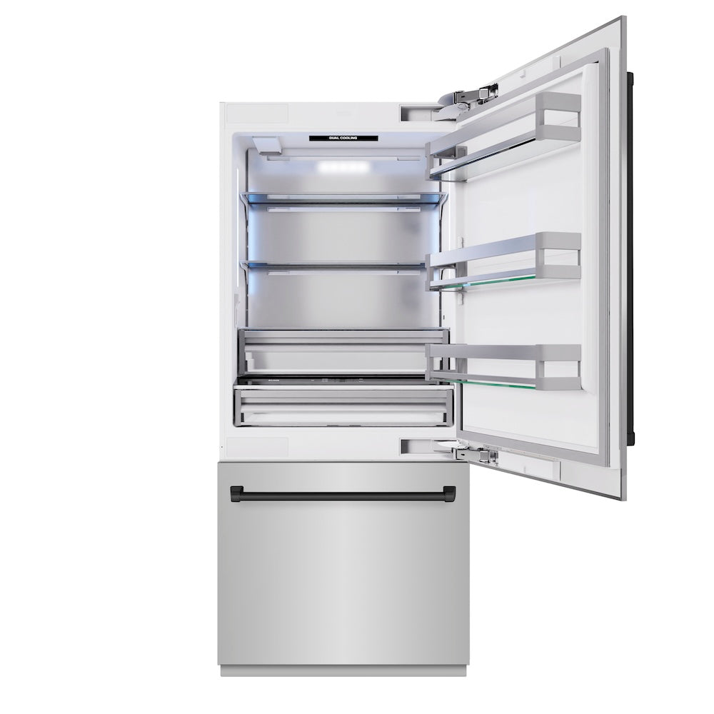 ZLINE Autograph Edition 36-inch refrigerator in stainless steel with bright white interior and matte black accents RBITZ-304-36MB, front view