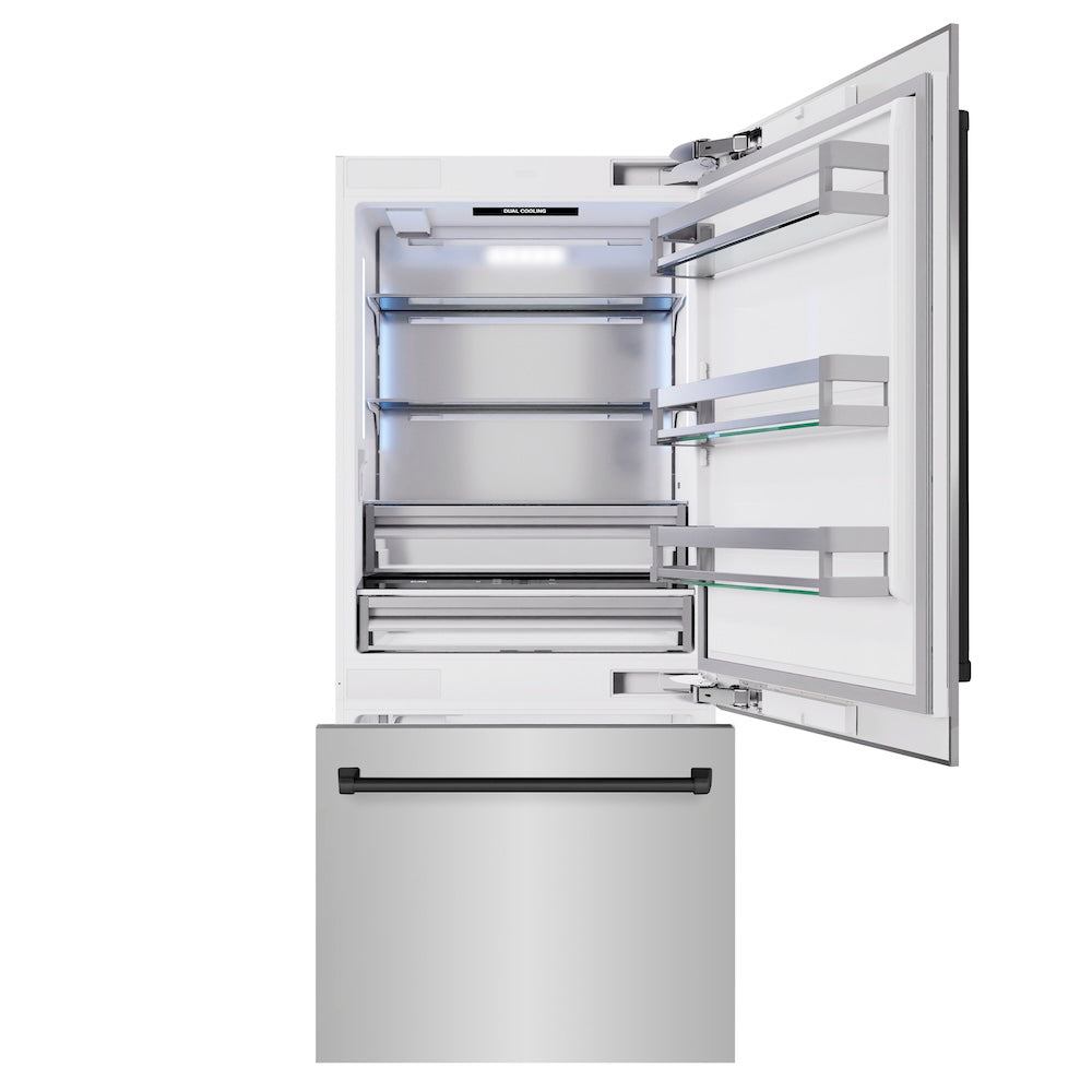 ZLINE Autograph Edition 36-inch refrigerator in stainless steel with bright white interior and matte black accents RBITZ-304-36MB, front view