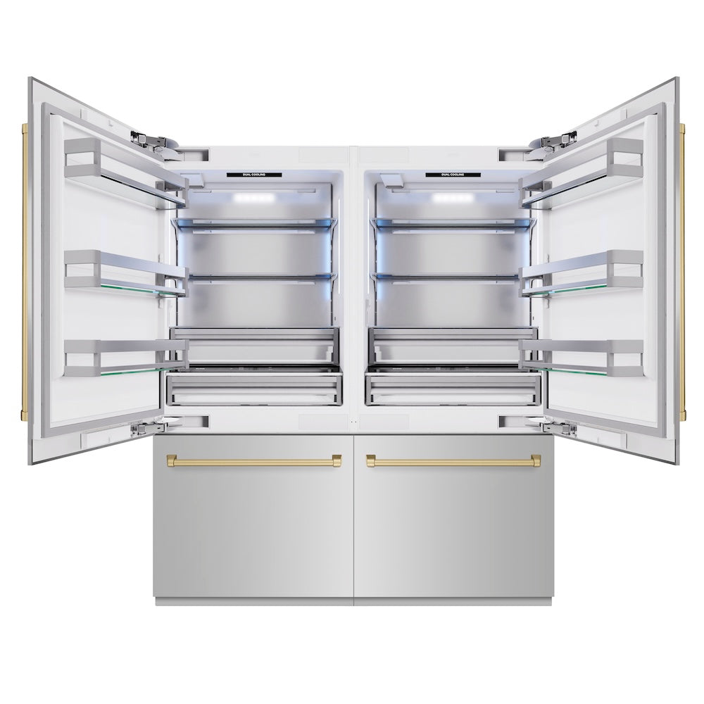 ZLINE Autograph Edition 72-inch refrigerator in stainless steel with bright white interior and champagne bronze accents RBITZ-304-72CB, front view