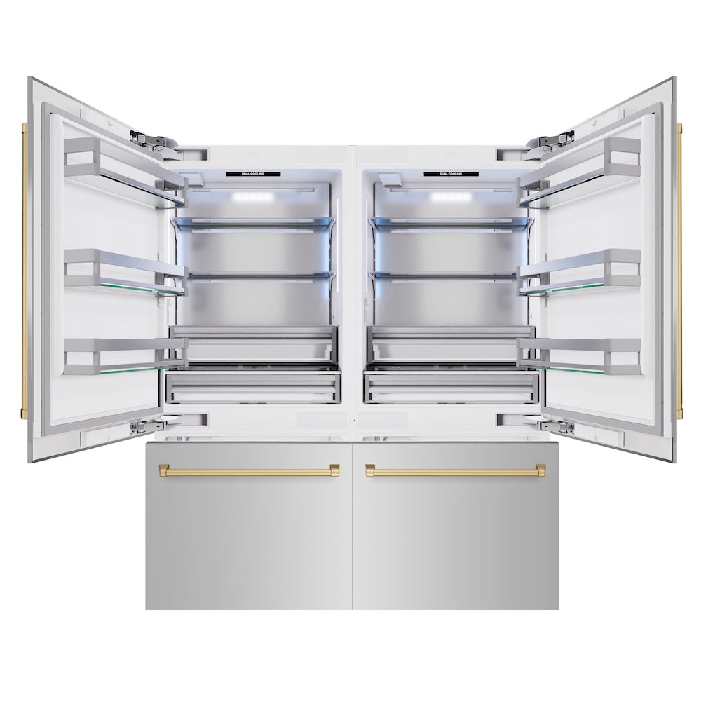 ZLINE Autograph Edition 72-inch refrigerator in stainless steel with bright white interior and champagne bronze accents RBITZ-304-72CB, front view
