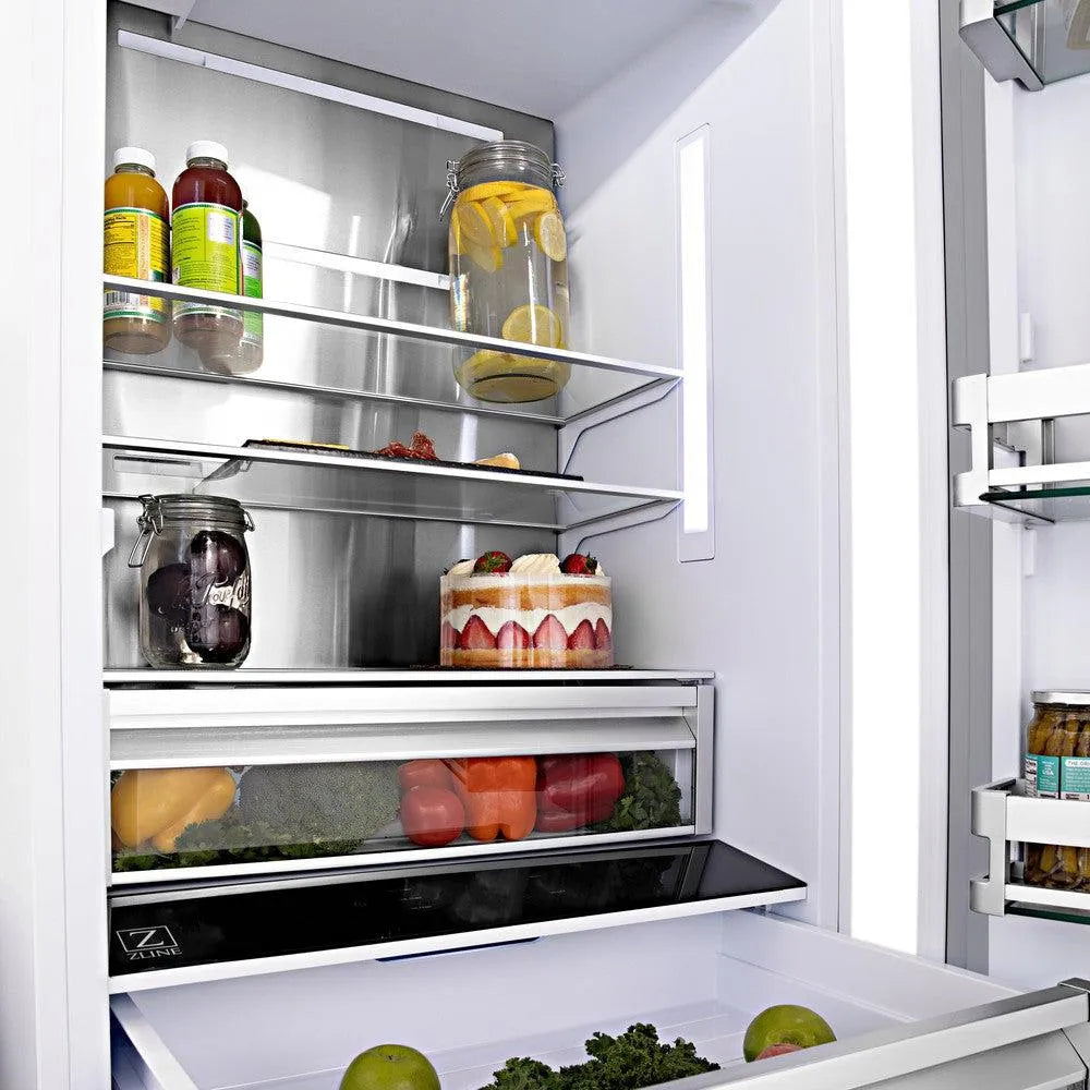 ZLINE Autograph Edition 36-inch refrigerator in white matte with bright white interior and polished gold accents RBIVZ-WM-36-G, detail