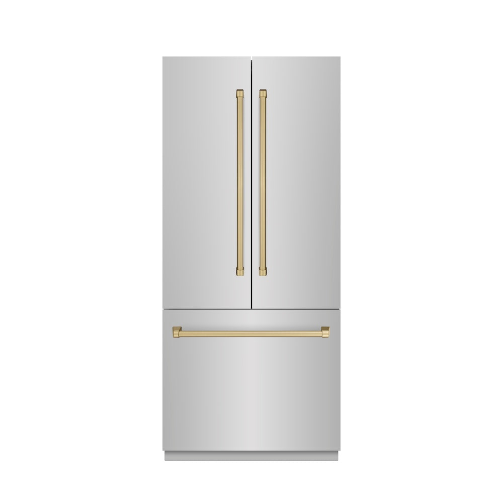 ZLINE Autograph Edition 36-inch refrigerator in stainless steel with stainless steel interior and champagne bronze accents SRBIVZ-304-36CB, front view