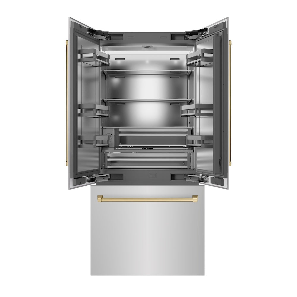 ZLINE Autograph Edition 36-inch refrigerator in stainless steel with stainless steel interior and champagne bronze accents SRBIVZ-304-36CB