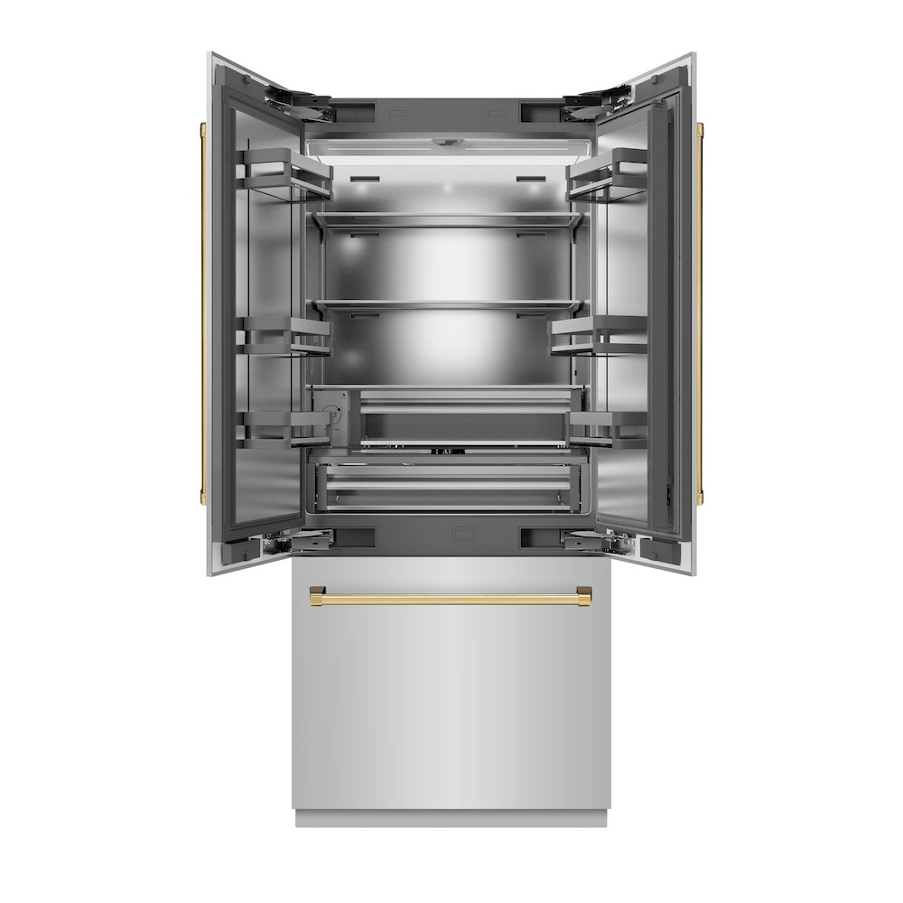 ZLINE Autograph Edition 36-inch refrigerator in stainless steel with stainless steel interior and polished gold accents SRBIVZ-304-36G, front view