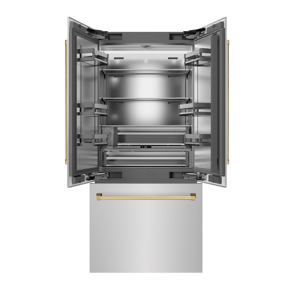 ZLINE Autograph Edition 36-inch refrigerator in stainless steel with stainless steel interior and polished gold accents SRBIVZ-304-36G