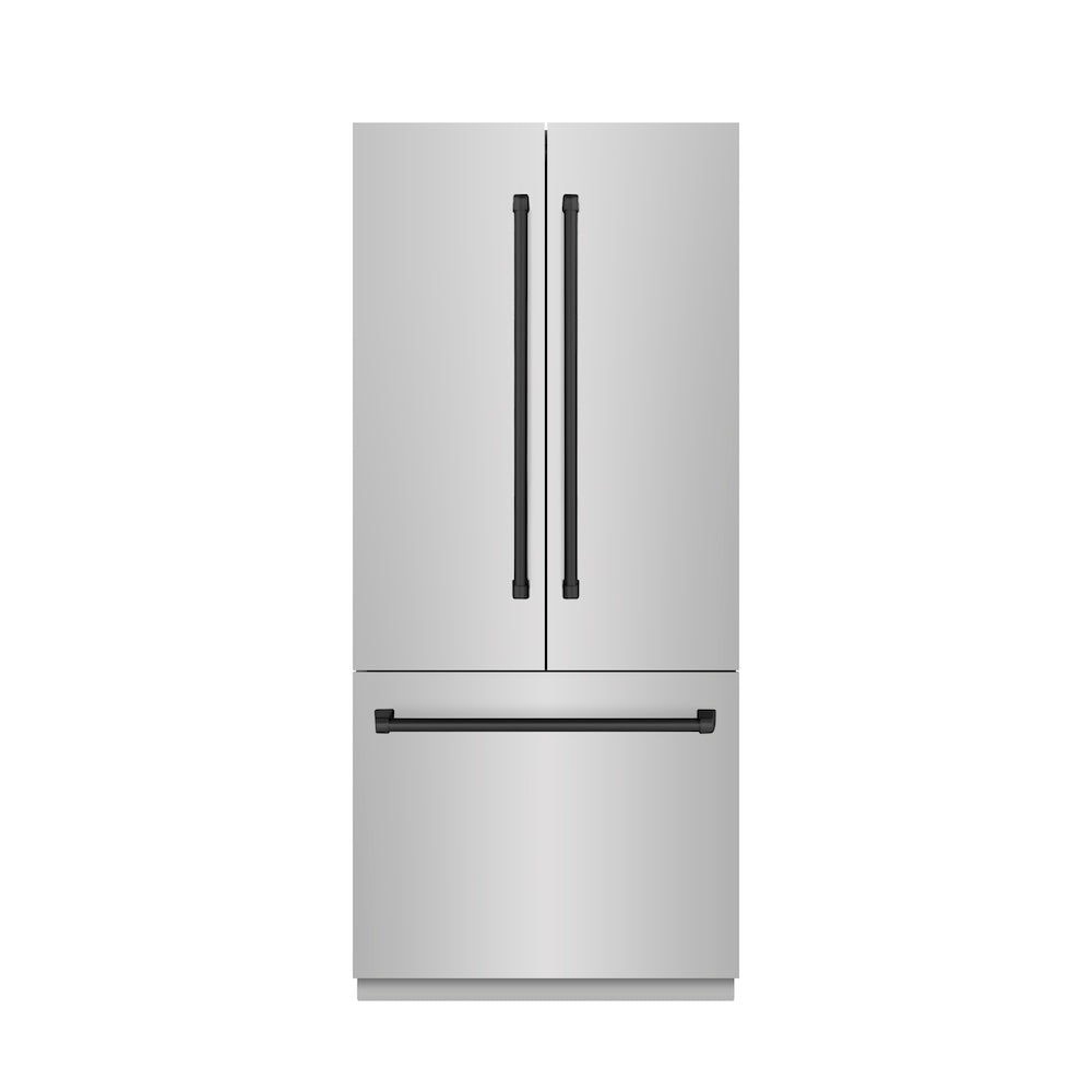 ZLINE Autograph Edition 36-inch refrigerator in stainless steel with stainless steel interior and matte black accents SRBIVZ-304-36MB, front view