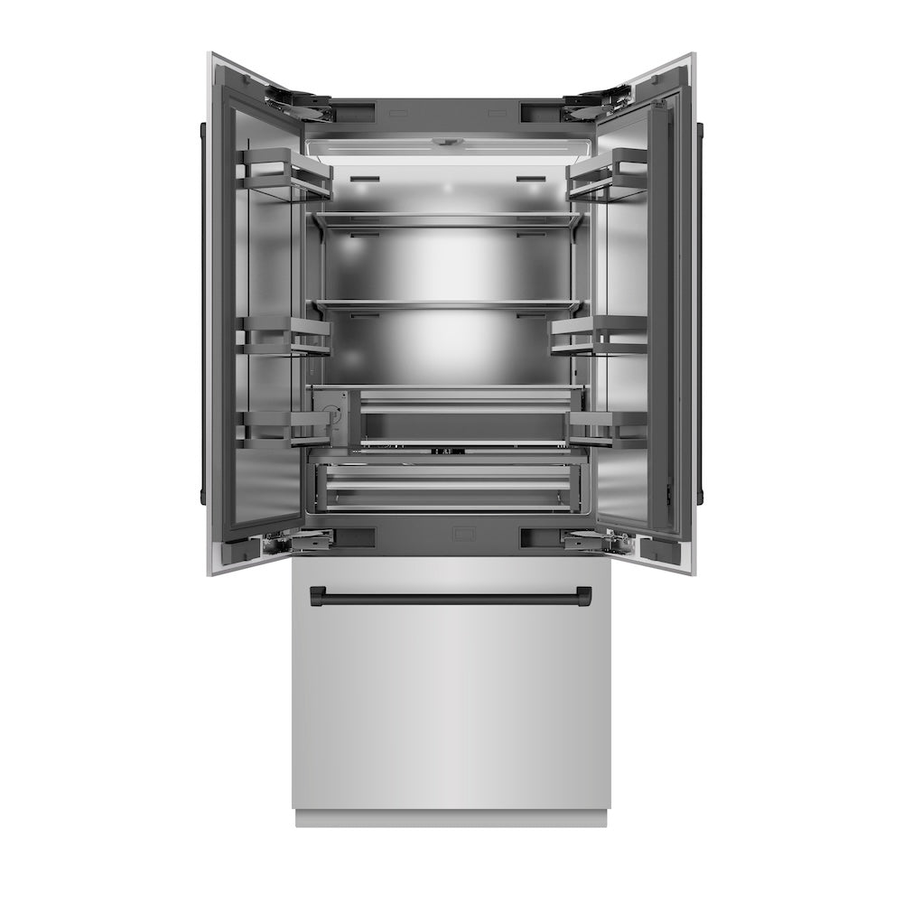 ZLINE Autograph Edition 36-inch refrigerator in stainless steel with stainless steel interior and matte black accents SRBIVZ-304-36MB, front view