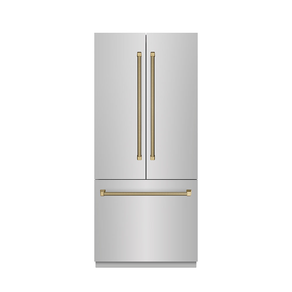 ZLINE Autograph Edition 36-inch refrigerator in stainless steel with stainless steel interior and champagne bronze accents SRBIVZ-30436KCB, front view