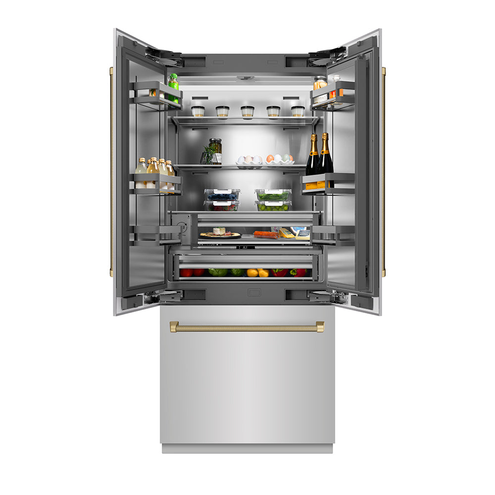 ZLINE Autograph Edition 36-inch refrigerator in stainless steel with stainless steel interior and champagne bronze accents SRBIVZ-30436KCB, front view