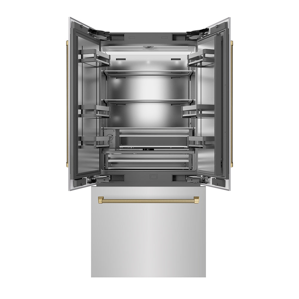 ZLINE Autograph Edition 36-inch refrigerator in stainless steel with stainless steel interior and champagne bronze accents SRBIVZ-30436KCB, front view