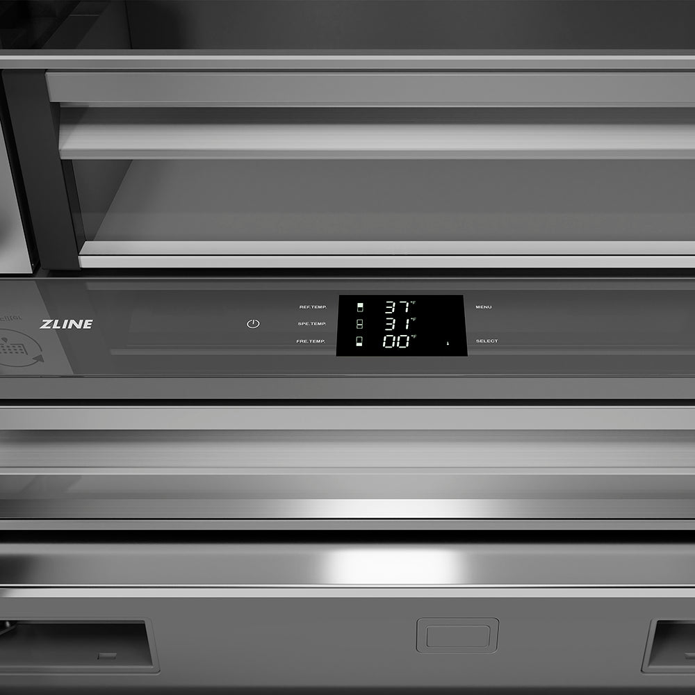 ZLINE Autograph Edition 36-inch refrigerator in stainless steel with stainless steel interior and polished gold accents SRBIVZ-30436KG, detail