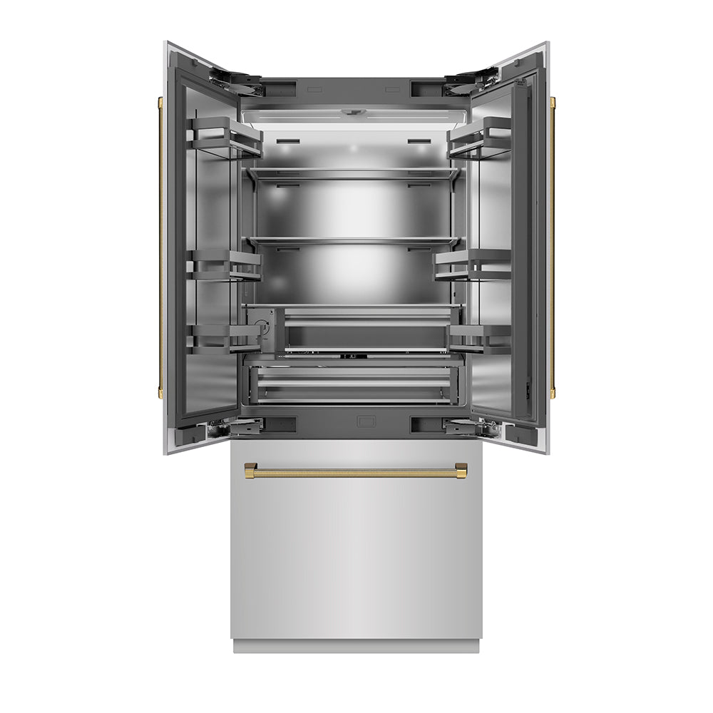 ZLINE Autograph Edition 36-inch refrigerator in stainless steel with stainless steel interior and polished gold accents SRBIVZ-30436KG, front view