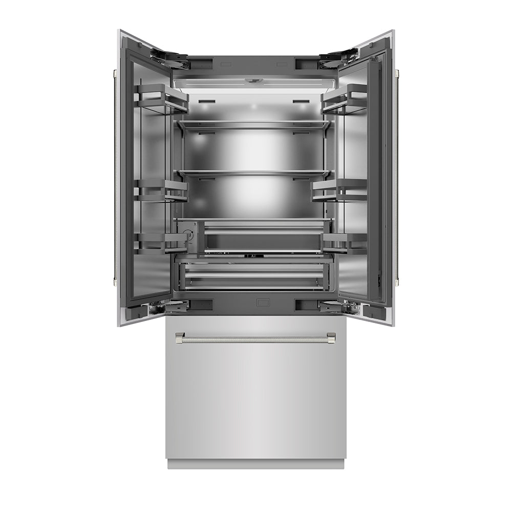 ZLINE Autograph Edition 36-inch refrigerator in stainless steel with stainless steel interior and polished nickel accents SRBIVZ-30436KPN