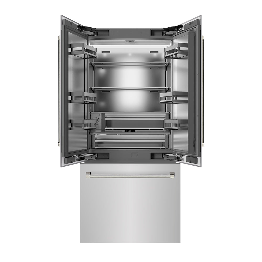 ZLINE Autograph Edition 36-inch refrigerator in stainless steel with stainless steel interior and polished nickel accents SRBIVZ-30436KPN, front view