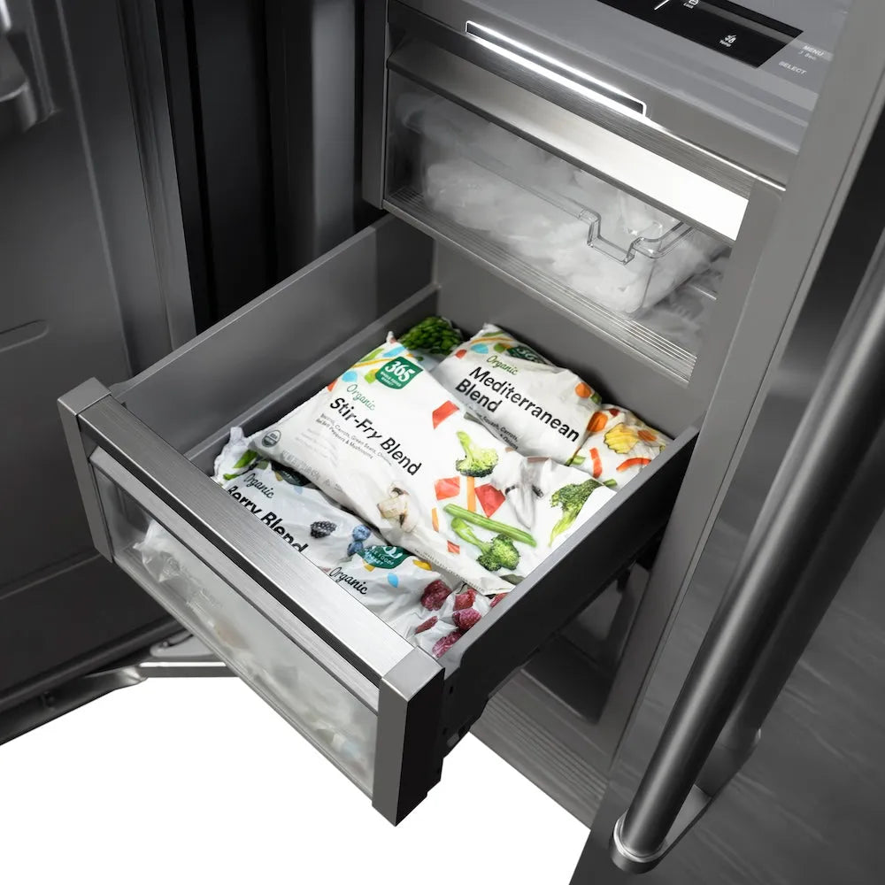 ZLINE Autograph Edition 18-inch freezer in white matte with graphite gray interior and champagne bronze accents RCFVLZ-WM-18-CB, detail