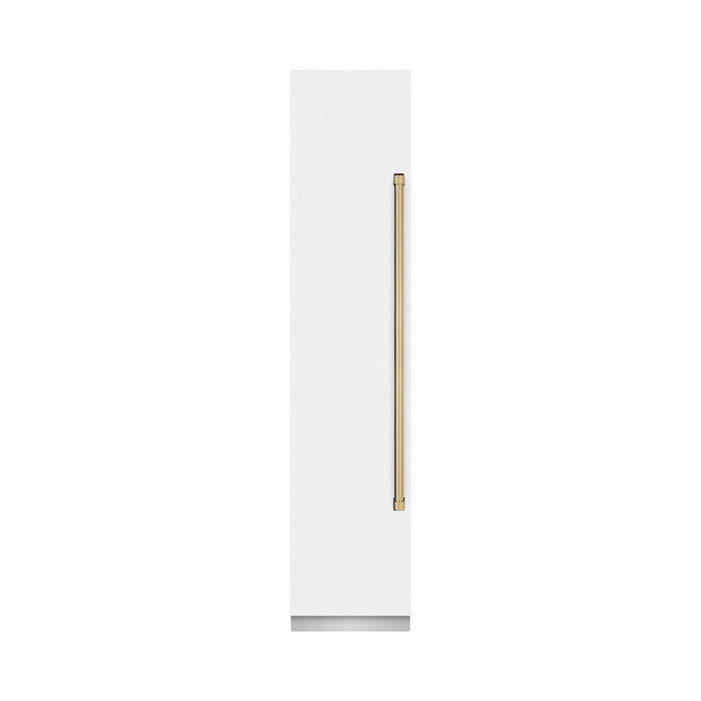 ZLINE Autograph Edition 18-inch freezer in white matte with graphite gray interior and champagne bronze accents RCFVLZ-WM-18-CB, front view