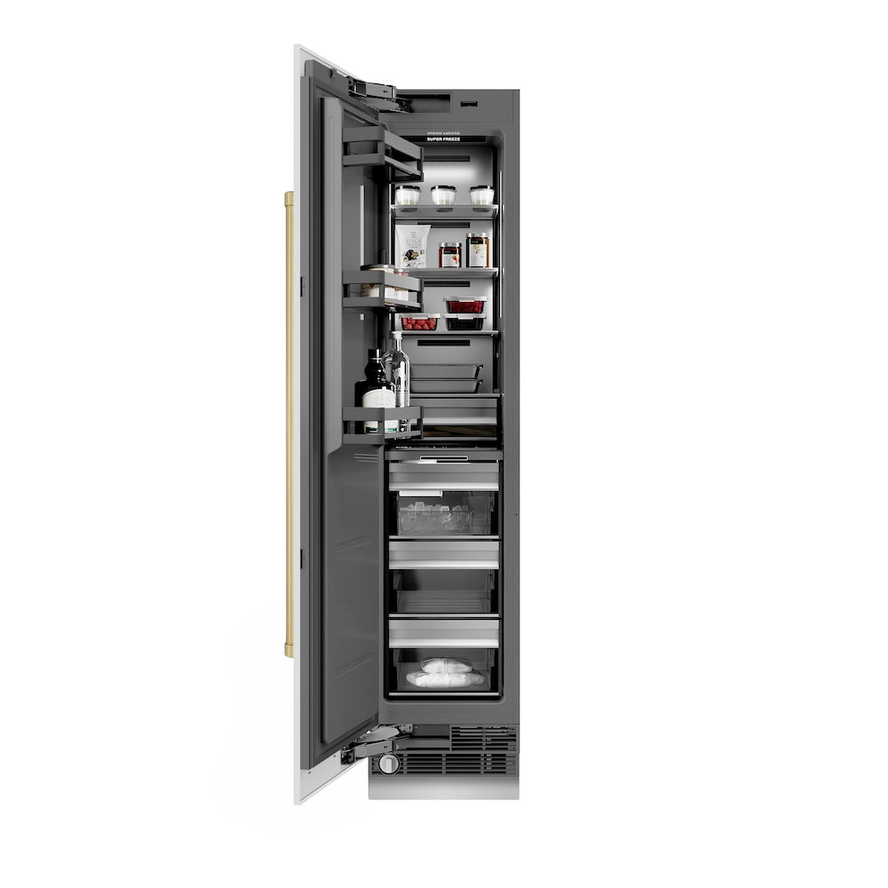 ZLINE Autograph Edition 18-inch freezer in white matte with graphite gray interior and champagne bronze accents RCFVLZ-WM-18-CB, front view