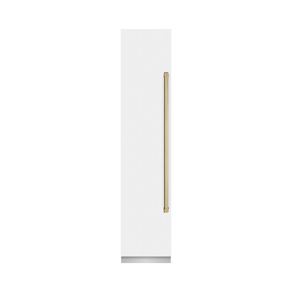 ZLINE Autograph Edition 18-inch freezer in white matte with graphite gray interior and polished gold accents RCFVLZ-WM-18-G, front view