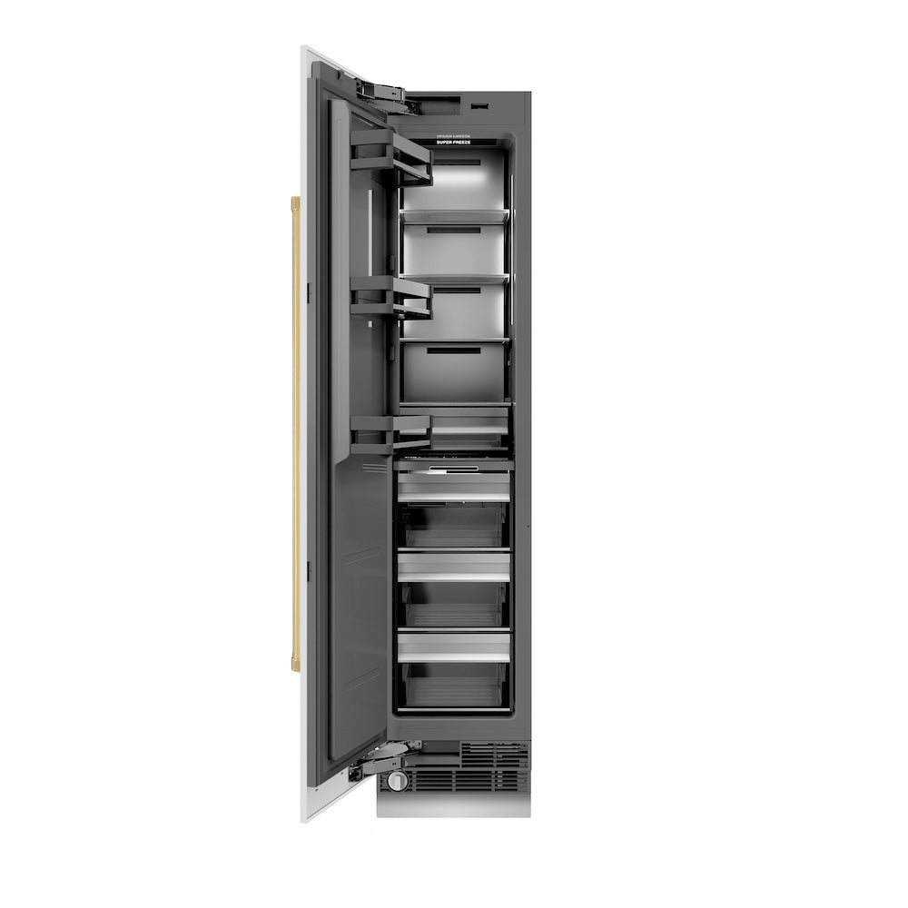 ZLINE Autograph Edition 18-inch freezer in white matte with graphite gray interior and polished gold accents RCFVLZ-WM-18-G